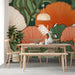 Dining room interior featuring a bold retro floral mural as a decorative feature wall