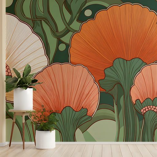 entryway with a large floral wall mural featuring orange petals and green stems
