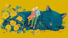 A giant blue cat sleeping on a golden ochre background surrounded by yellow flowers with two people sitting on its back.