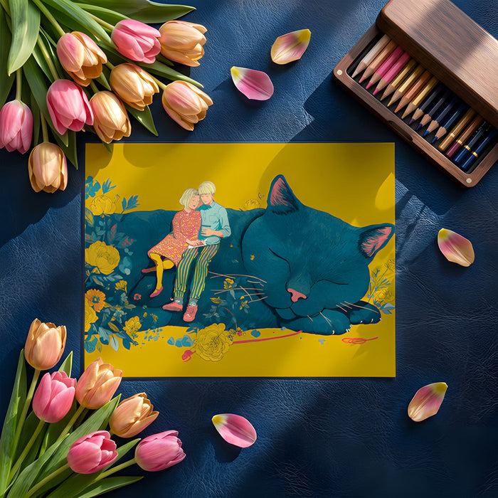 A whimsical home office wall mural featuring a sleeping cat illustration in bold ochre and blue colors.