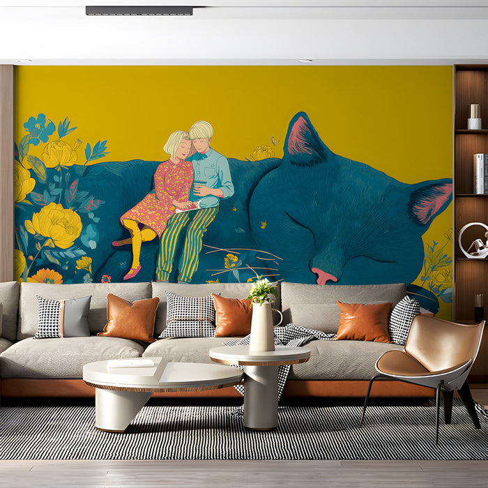 A playful living room accent wall showcasing a large blue feline graphic mural with golden floral details.
