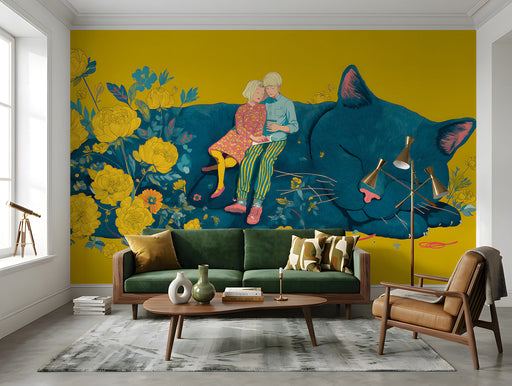A cozy living room featuring a wall mural of a giant sleeping blue cat and yellow peonies.