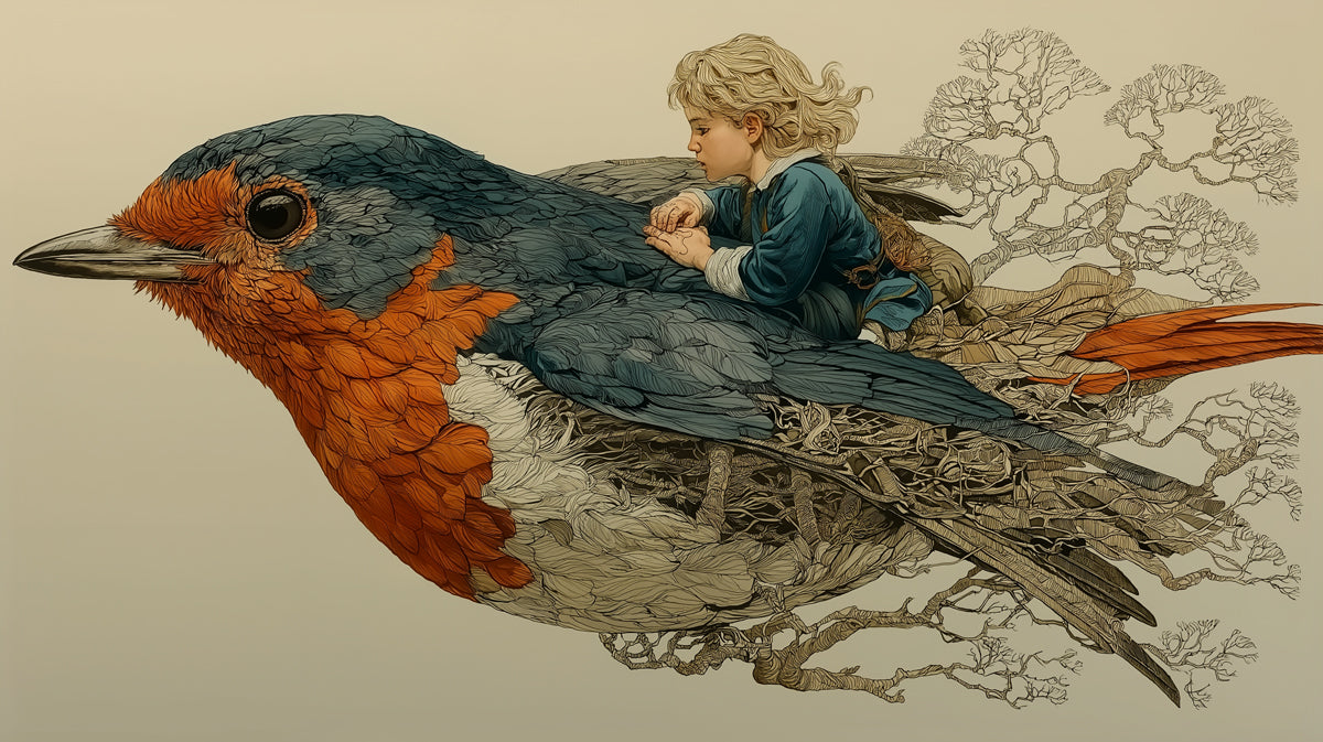 Whimsical illustration of a child riding a large, detailed blue and orange bird with tree-branch textures on an oatmeal background