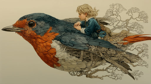 Whimsical illustration of a child riding a large, detailed blue and orange bird with tree-branch textures on an oatmeal background
