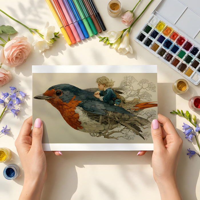 Dreamy bird illustration wall mural in a childs bedroom with soft lighting