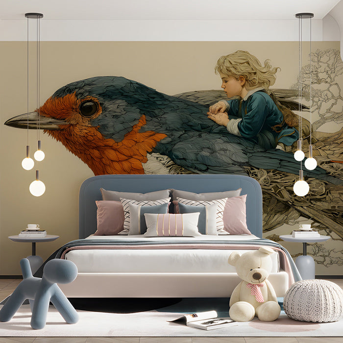Storybook style mural featuring a bird and child in a cozy bedroom