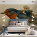 Storybook style mural featuring a bird and child in a cozy bedroom