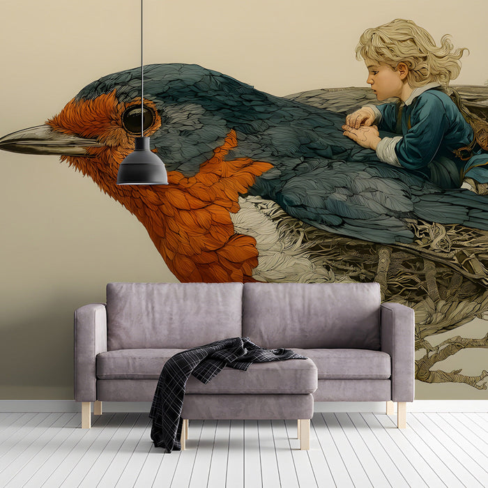 Whimsical bird mural installed behind a wooden crib in a neutral nursery room