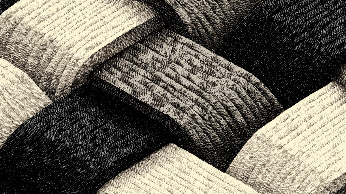 Macro close-up of a woven basket pattern mural in high-contrast black and cream ink sketch style.