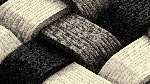 Macro close-up of a woven basket pattern mural in high-contrast black and cream ink sketch style.