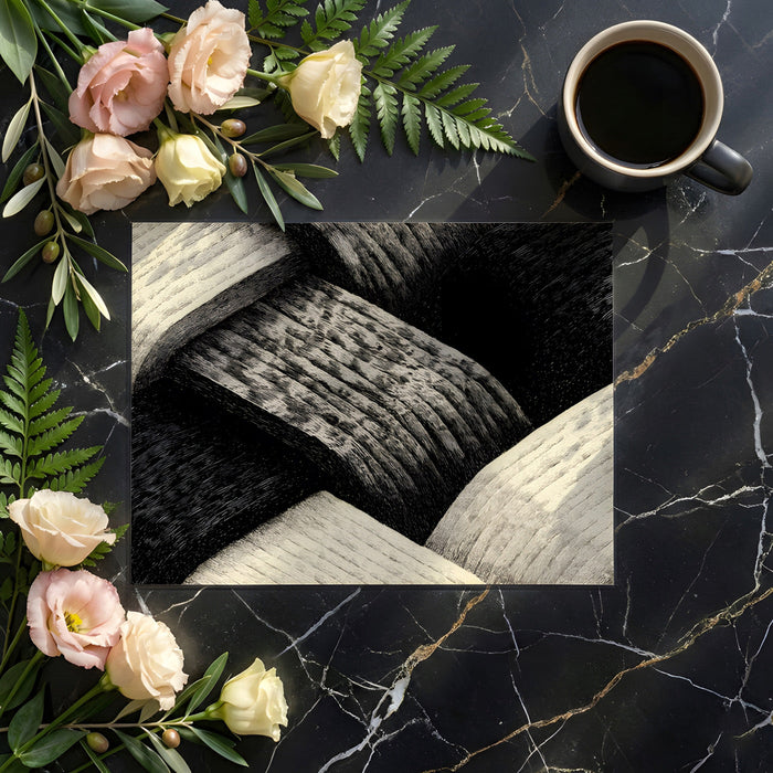 A modern library or study room styled with the intricate ink-hatched woven mural for a masculine, architectural look.