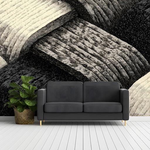 A sophisticated home office featuring the monochrome woven texture mural on a feature wall behind a dark oak desk.
