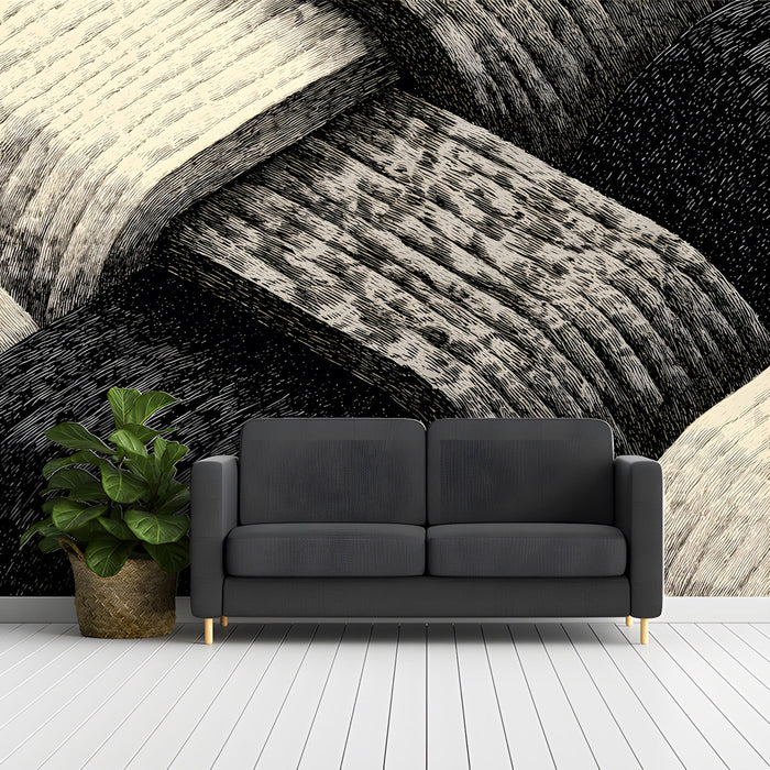 A sophisticated home office featuring the monochrome woven texture mural on a feature wall behind a dark oak desk.