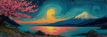 Oil painting style mural with cherry blossoms, mountain peak, and swirling night sky in vibrant blues and pinks
