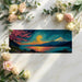 Bedroom wall mural showing a starry mountain scene above a low-profile platform bed