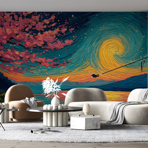 Living room interior featuring artistic landscape wallpaper with warm lighting