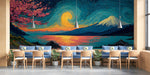 Restaurant featuring a painterly landscape mural behind a minimalist velvet sofa
