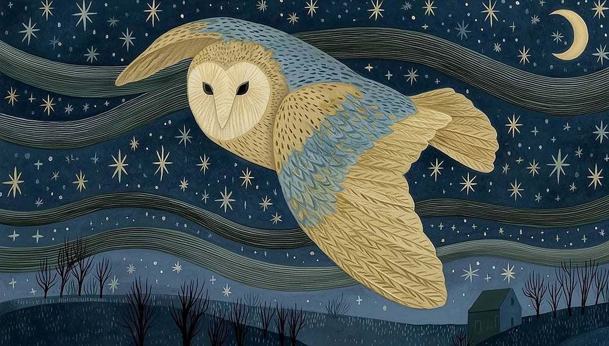 Nocturnal scene with a barn owl flying over a dark blue landscape with stars
