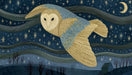 Nocturnal scene with a barn owl flying over a dark blue landscape with stars