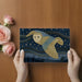 Starry night mural in a nursery with soft lighting and minimalist crib