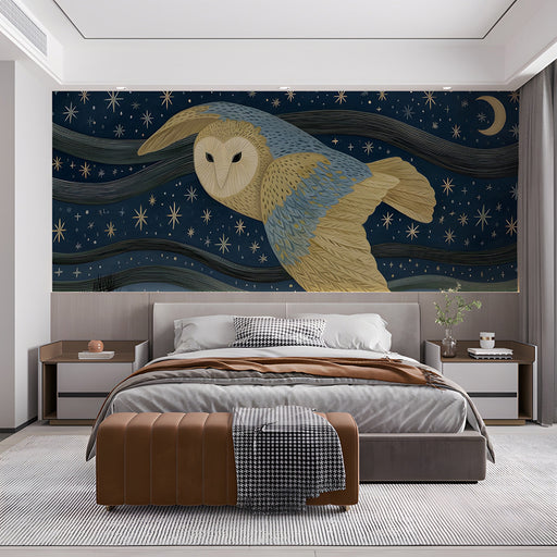 Artistic owl wall mural in a creative bedroom with dark blue shelves