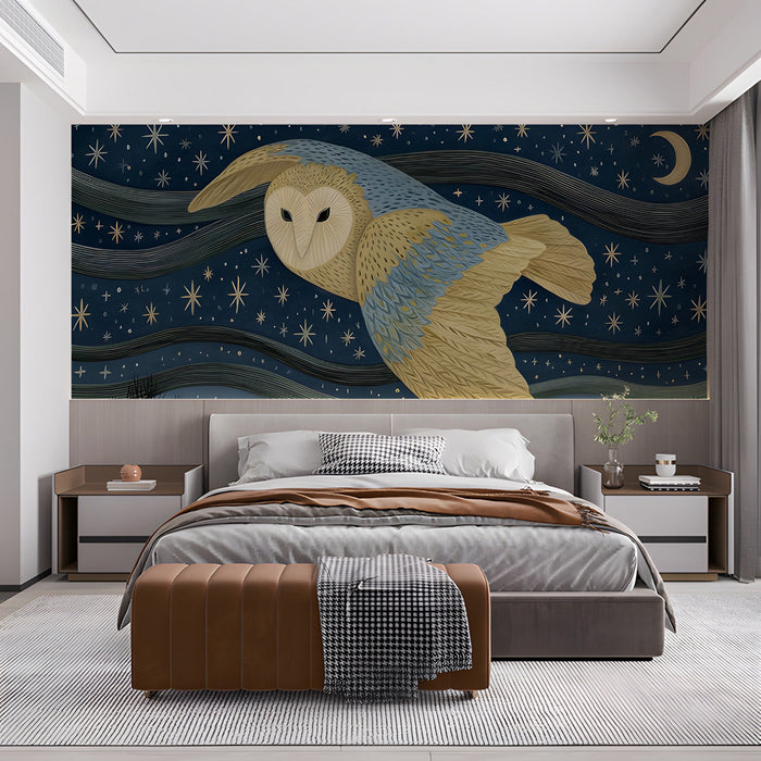 Artistic owl wall mural in a creative bedroom with dark blue shelves