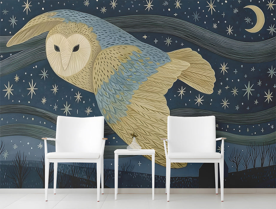 Whimsical barn owl wallpaper installed in a cozy entryway with wooden furniture
