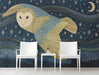 Whimsical barn owl wallpaper installed in a cozy entryway with wooden furniture