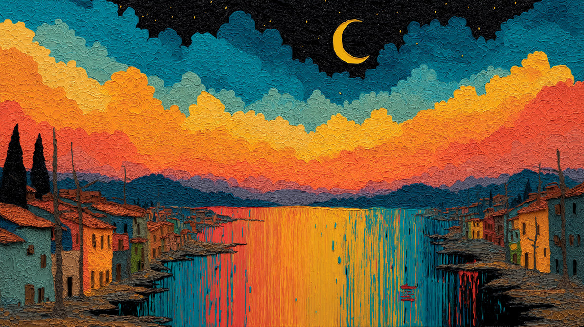 Textured oil painting of a Mediterranean village at sunset with a crescent moon and vibrant orange sky over dark water