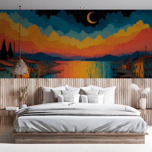 Atmospheric bedroom featuring a colorful twilight landscape wallpaper with impasto texture