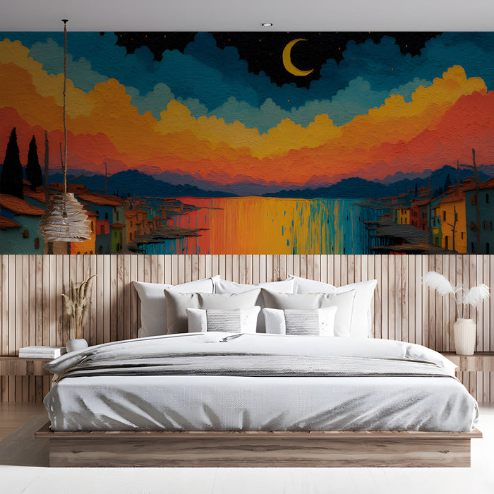 Atmospheric bedroom featuring a colorful twilight landscape wallpaper with impasto texture