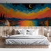 Atmospheric bedroom featuring a colorful twilight landscape wallpaper with impasto texture