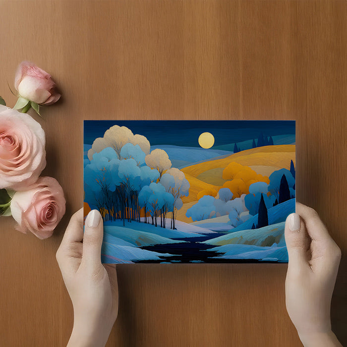 Sophisticated bedroom wall mural depicting a painterly night landscape with a golden moon.