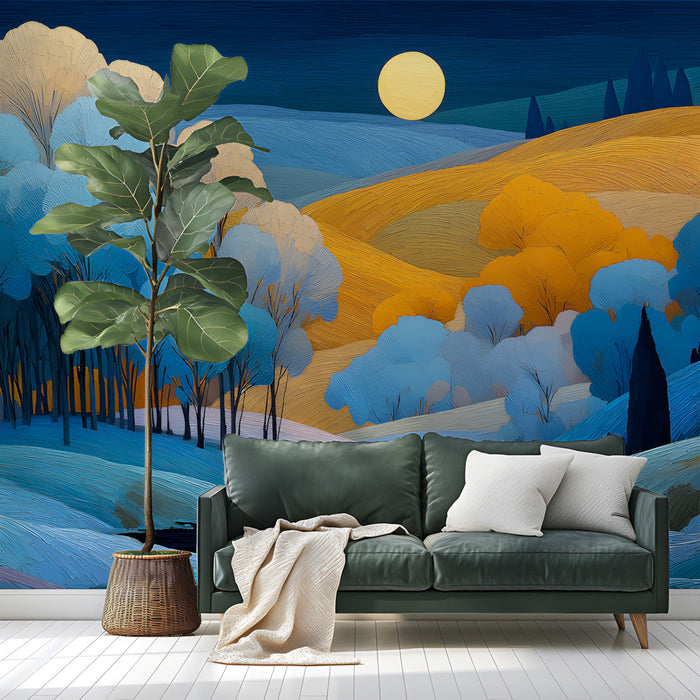 Modern home office with an artistic landscape wall mural in rich sapphire and gold tones.