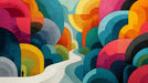 Abstract wall mural featuring colorful concentric arches in red, blue, and yellow with swirling texture