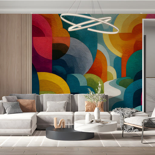 Creative home office workspace with a bold abstract geometric wall mural for inspiration