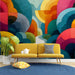 Modern entryway wall decorated with a vibrant abstract geometric arch mural and mid-century furniture