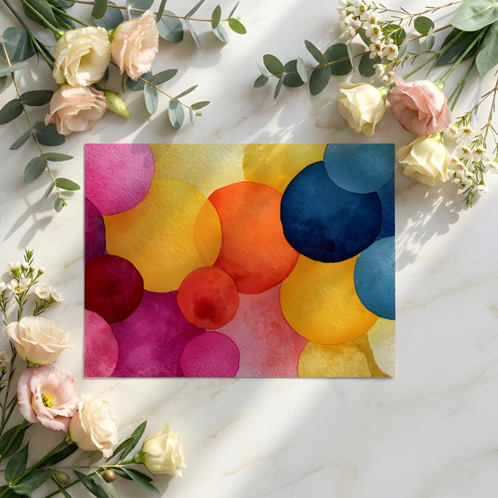 A creative studio space featuring a playful watercolor circle wallpaper as the main focal point.