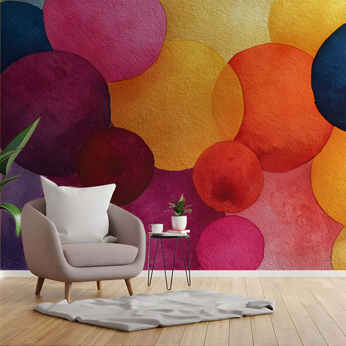 A bright, colorful abstract mural installed as an accent wall in a minimalist study.