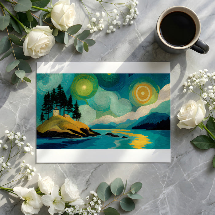 Cozy bedroom wall covered in a swirling impressionist landscape with blue and yellow accents