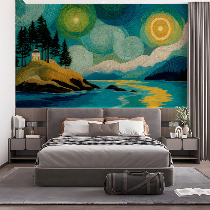 Creative bedroom workspace featuring a dramatic artistic coastal mural on the main wall