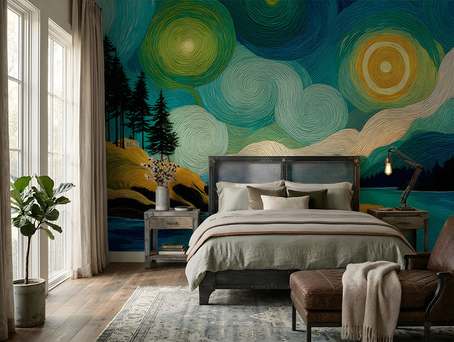 Modern bedroom featuring a coastal landscape mural with a serene and artistic focal point