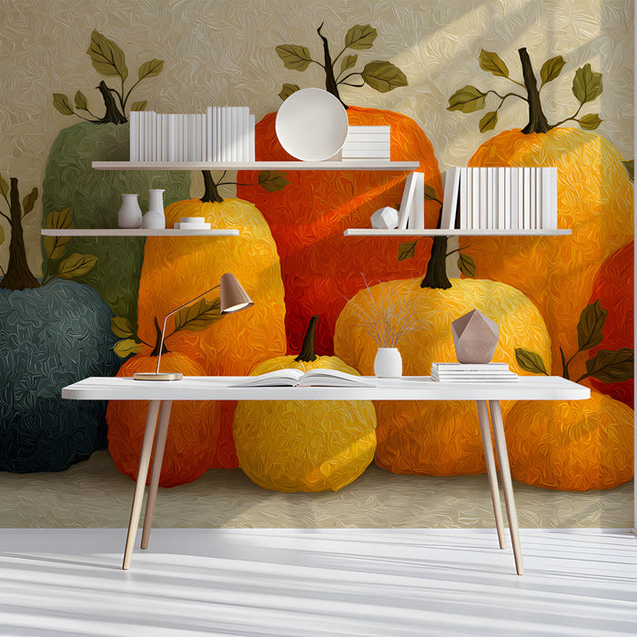 A study wall decorated with a textured pumpkin harvest mural for a warm seasonal welcome.