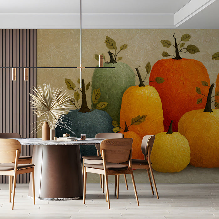 A cozy farmhouse dining room featuring an autumn harvest pumpkin mural on the accent wall.