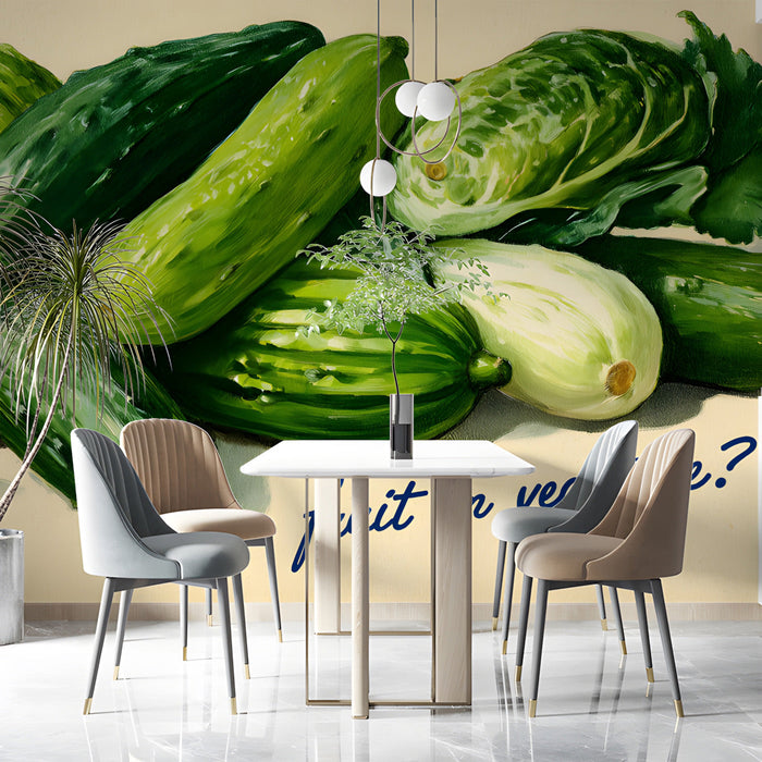 A rustic breakfast nook featuring a detailed botanical garden vegetable mural on the accent wall