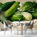 A rustic breakfast nook featuring a detailed botanical garden vegetable mural on the accent wall
