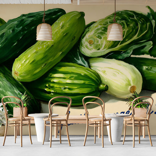 A bright cafe wall featuring a cucumber harvest botanical mural behind a wooden island