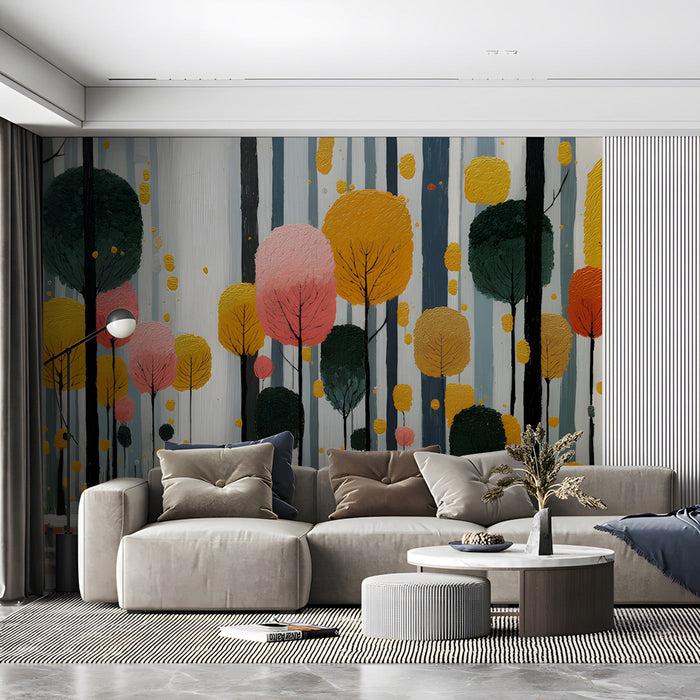 Modern artistic forest mural backdrop in a relaxing reading nook with a velvet chair