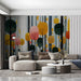 Modern artistic forest mural backdrop in a relaxing reading nook with a velvet chair