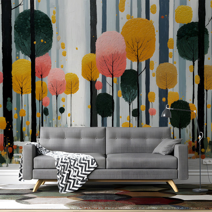 Autumn forest wall mural installed in a cozy living room with light wood furniture